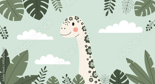Cute cartoon dinosaur with a floral pattern on its neck stands in a lush green tropical jungle with white clouds in the blue sky.