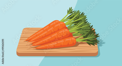 Bunch of fresh organic orange carrots with green leafy tops sitting on a simple rustic wooden cutting board in a kitchen setting.