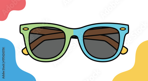 Trendy modern sunglasses with a two-toned green and blue frame set against a bright and colorful abstract artistic background.