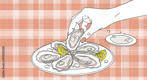Person reaching for a fresh delicious oyster from a seafood platter served with lemon wedges on a red checkered tablecloth.