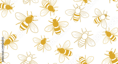 Charming and whimsical seamless pattern of golden honey bees flying in different directions on a clean white background.
