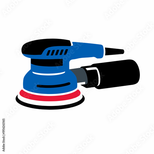 Blue electric sander tool for woodworking and home improvement projects with a black handle and red base on a white background