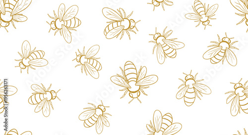 Elegant and detailed seamless pattern of hand drawn honey bees in a golden color flying across a clean white background.