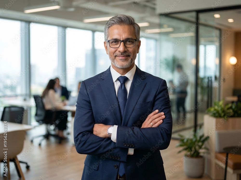 Obraz premium senior indian businessman in formal suit standing confidently in modern office executive leadership portrait