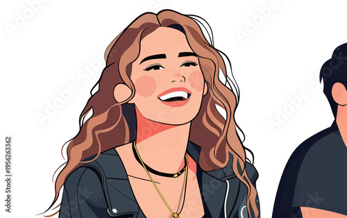 Woman smiles widely while wearing casual clothing and jewelry, enjoying time with a friend in a relaxed setting during the day