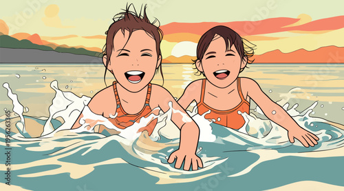 Two children swim together at sunset enjoying their time near the beach on a sunny day