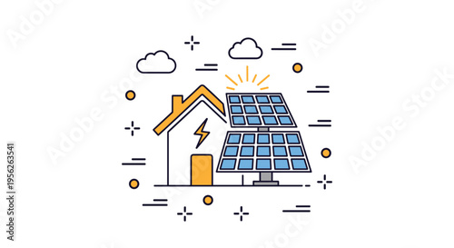 Modern house powered by rooftop solar panels with various energy and weather symbols representing sustainable living.