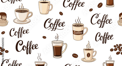 Charming and cozy coffee themed seamless pattern with various mugs and the word coffee in a handwritten script font.