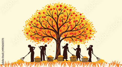 Group of people working together to rake autumn leaves under a large fruit tree filled with ripe red apples during harvest.