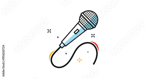 Stylish microphone icon with a cord and decorative colorful accents representing music podcasting or live performances.