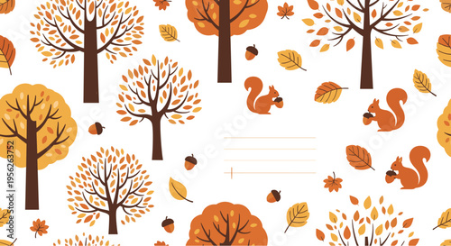 Autumn themed seamless pattern featuring cute squirrels with acorns amongst various trees and falling leaves in fall colors.