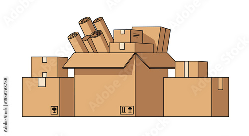 Large pile of brown cardboard shipping boxes and paper rolls ready for a home move or a logistics warehouse delivery.