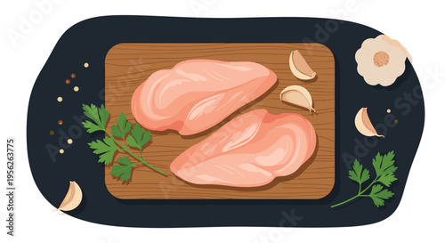 Two fresh raw chicken breast fillets on a wooden board accompanied by garlic cloves parsley and whole black peppercorns.
