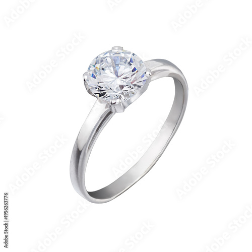 Product photography of an elegant silver ring with a large sparkling zircon gemstone. Minimalist luxury jewelry isolated on a transparent background, ideal for fashion and retail design.