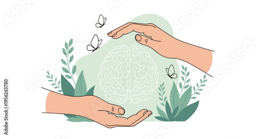 Human hands gently cupping a stylized brain surrounded by green leaves and butterflies to symbolize mental health awareness.