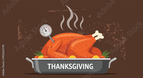 Delicious roasted turkey with a meat thermometer placed in a roasting pan with vegetables and a Thanksgiving greeting.