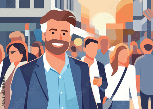 Busy city street during sunset with people walking around and a man smiling in the foreground holding a coffee