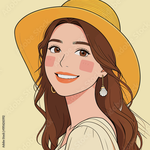 Woman smiling with a yellow hat and earrings, in a simple style against a light background