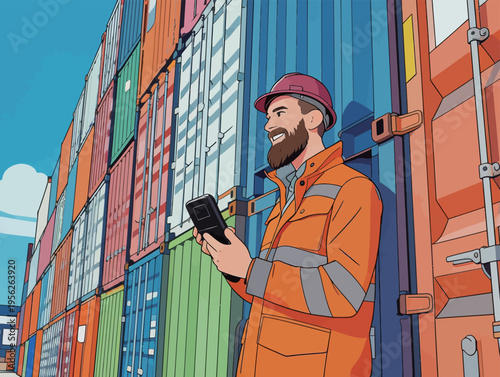 Worker checks phone while standing in front of cargo containers at a shipping yard during daytime hours