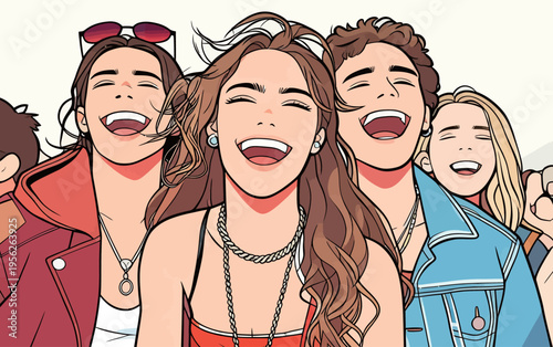 Group of friends enjoying a fun moment together while smiling widely in a casual setting with bright colors