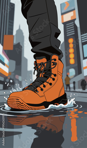 Footsteps in a busy city street during a rainy day while wearing bright orange boots splashing in a puddle