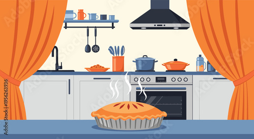 Cozy kitchen interior scene featuring a fresh baked pie on a counter with curtains, a stove, and various cooking utensils.