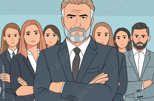 Business team stands together with a confident leader in a corporate setting during a workday