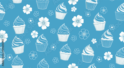 Seamless pattern of white hand-drawn cupcakes and delicate flowers scattered over a solid blue background for bakery themes.