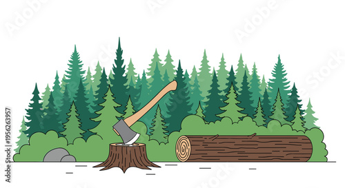 Outdoor scene of an axe embedded in a tree stump next to a fallen log in a dense green coniferous forest environment.