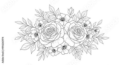 Detailed black and white line art illustration of a floral bouquet featuring roses, wildflowers, and various leaves and stems.