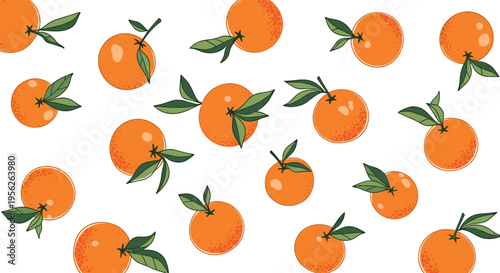 Seamless pattern featuring whole oranges with green leaves and stems scattered randomly across a clean white background.