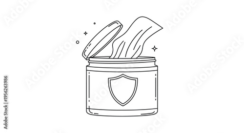 Line art icon of a cosmetic jar with an open lid and a dollop of cream being scooped out featuring a shield symbol.