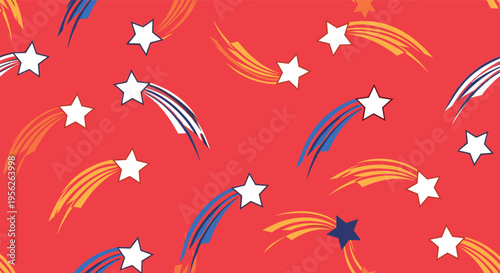 Seamless pattern of stylized white and blue shooting stars with orange and blue trails on a bright red background.