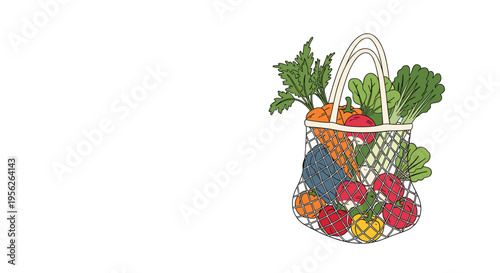 Hand-drawn illustration of a reusable mesh shopping bag filled with fresh vegetables including carrots, radishes, and greens.