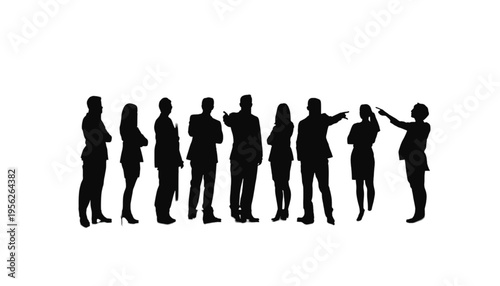 A diverse group of business figures stand together pointing in various directions indicating strategy.