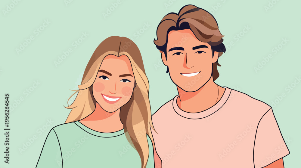 Obraz premium Two people smile together in a simple setting with a light green background during a casual moment in their day
