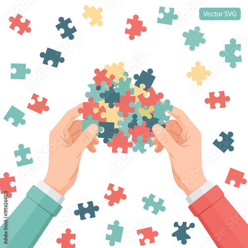 Hands assembling puzzle pieces, teamwork and problem solving concept