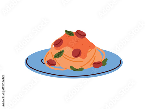 Plate of spaghetti with sauce and sausages