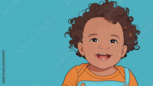 Happy baby smiles with curly hair in bright orange shirt and blue background during a joyful moment