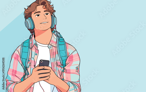 Young person listens to music with headphones and holds smartphone while wearing a backpack in a bright environment