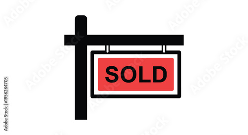 Simple graphic illustration of a black real estate post with a red and white sign board featuring the word sold.
