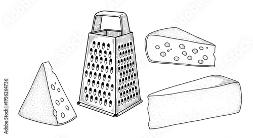 Collection of detailed black and white sketches featuring different types of cheese wedges and a classic metal box grater.