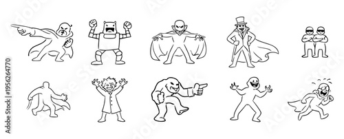 Cartoon Villain Line Art Set – Comic Evil Characters, Mad Scientist, Robot and Funny Antagonists Outline Collection