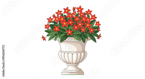 Elegant illustration of a large white classical garden urn filled with many small red flowers and lush green leaves.