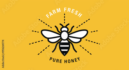 Graphic logo design featuring a stylized black and white honey bee on a solid yellow background with farm fresh text.