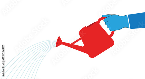 Simple graphic showing a hand in a blue sleeve and glove pouring water from a classic red plastic watering can.