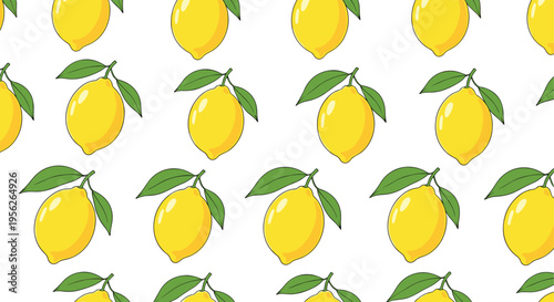 Bright and fresh seamless pattern featuring whole yellow lemons with green leaves scattered on a white background.