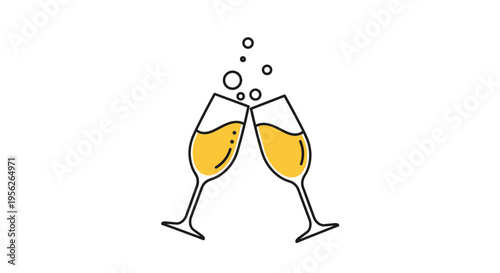 Two champagne glasses clinking with bubbles rising symbolizing a toast for celebration, success, or special anniversary events.
