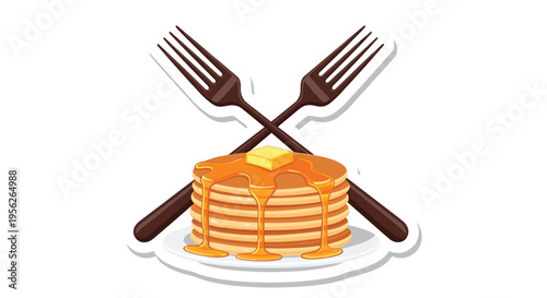 Stack of golden pancakes topped with a melting butter cube and drizzled with maple syrup served on a white plate with forks.