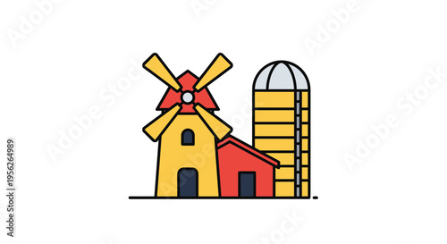 Colorful illustration of farm buildings including a windmill, a red barn, and a grain silo on a clean white background.